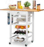 Trolley da cucina - Tavolo da lavoro pieghevole - Tavolo da lavoro rotante - Stile rurale - 3 cesti - Blocco per coltelli - Bianco