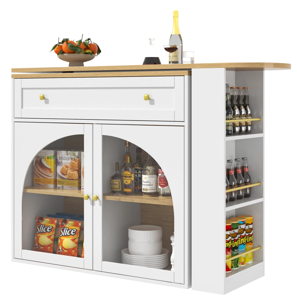 Tavolo da Pranzo con Scaffale a 3 Livelli; Ante in Vetro e Rotazione 360; in MDF; 138-204x39x104 cm; Bianco