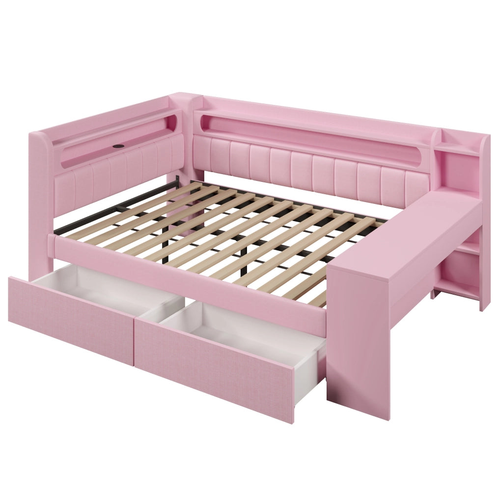 Daybed imbottito 140x200 con USB; LED; scrivania e 2 cassetti; rosa