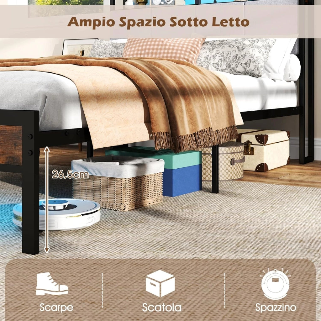 COSTWAt Letto Matrimoniale 220 x 140 cm con Luci LED a Telecomando, Struttura Letto con Stazione d Ricarica, Telaio Letto con Testiera Rivestita in Lino, Capacità di 500 kg, Marrone Rustico