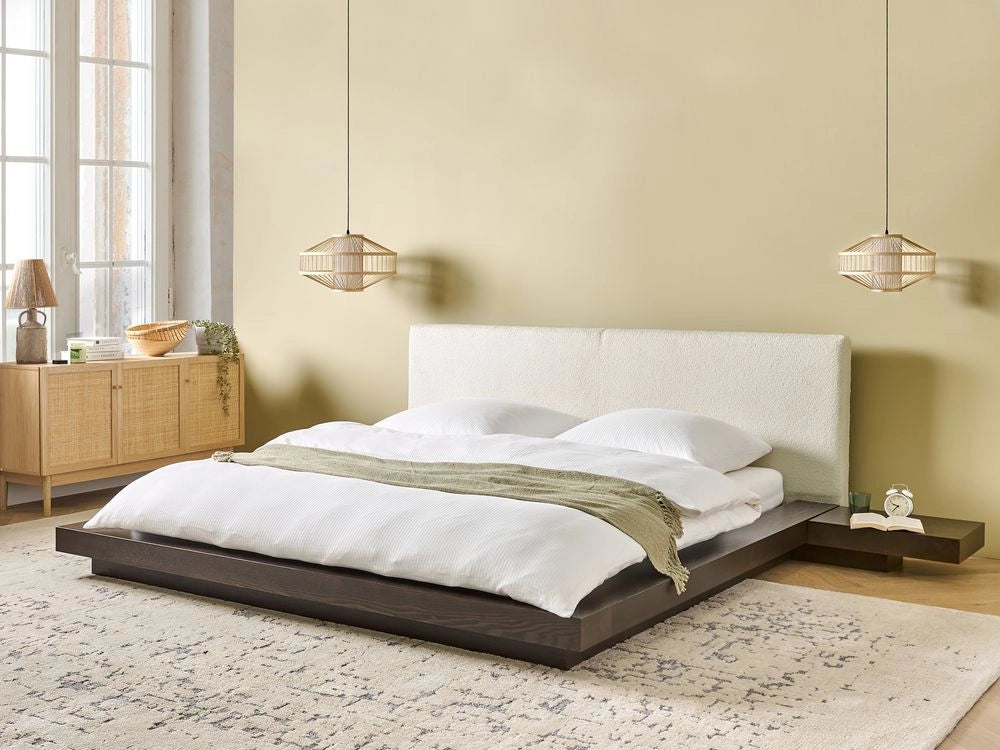 Letto ad acqua in stile giapponese, testiera in legno di frassino scuro bouclé 180 x 200 cm legno basso con materasso camera da letto