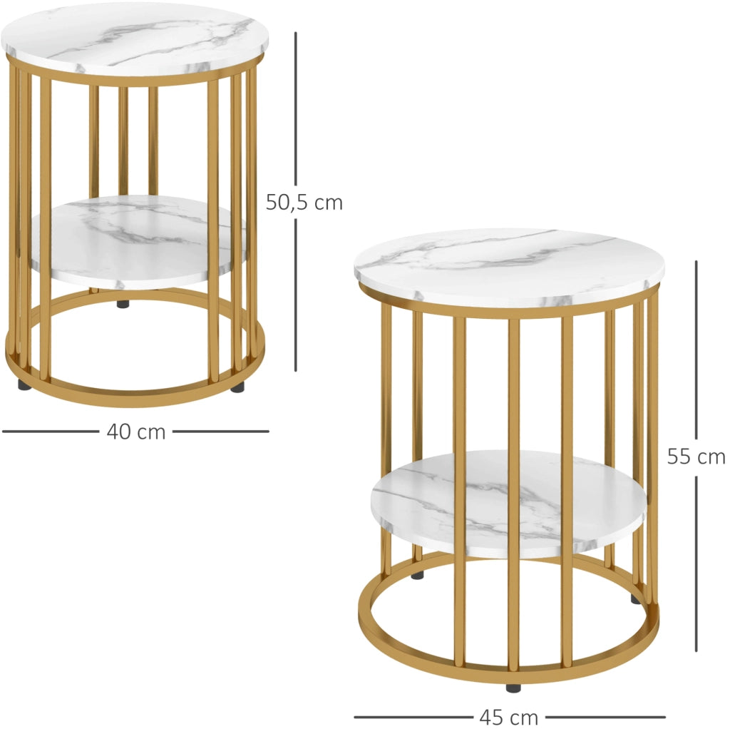 Set di 2 tavolini rotondi con ripiano, effetto marmo