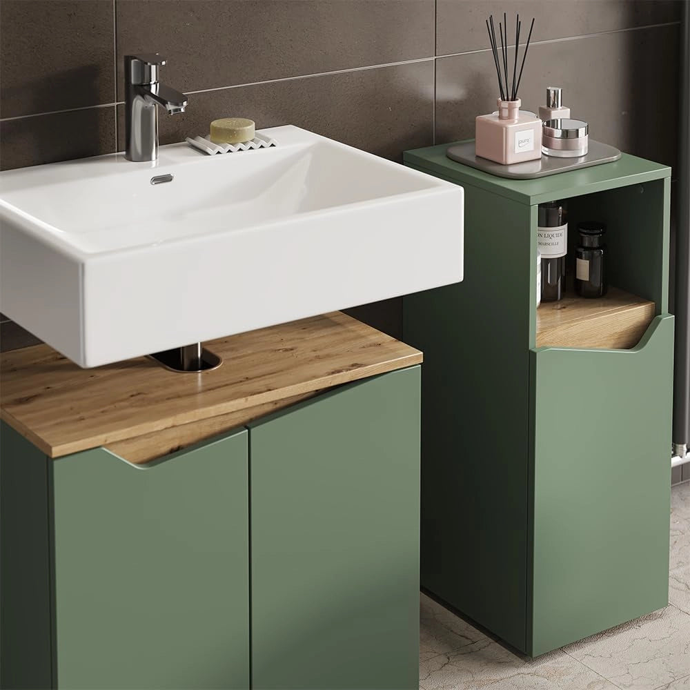 Set di mobili da bagno Marelle, Verde/Artigianale, 60 cm, composto da mobile sottolavabo, specchiera, colonna, base media e pensile