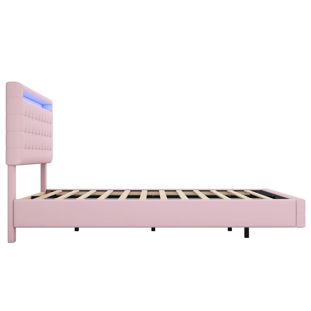 LETTO fluttuante 140x200 cm PU rosa con LED e testiera regolabile