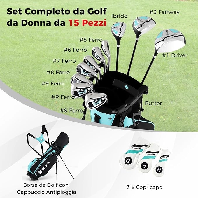 Set Completo di Mazze da Golf con Sacca a Treppiede, Include con Driver 1 da 460CC, Legno 3, Ibrido, Ferri 5, 6, 7, 8, 9, P, S, Putter e Copertura Antipioggia per Destrimani