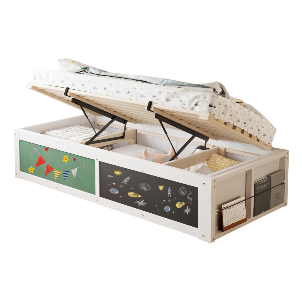 Letto per bambini multifunzione 90x200 cm con contenitore idraulico; lavagna e pannello in feltro; bianco