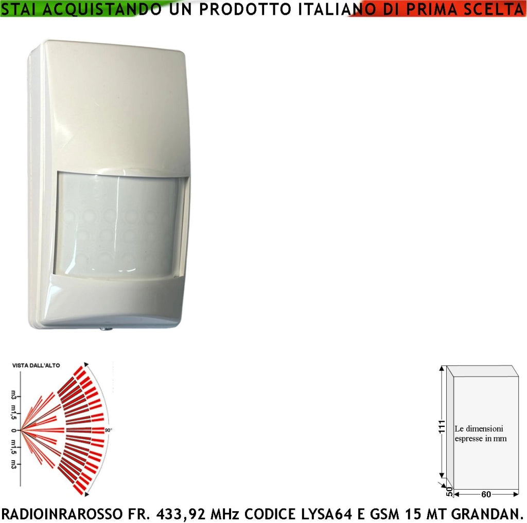 Sensore di Movimento Intrusi doppio Infrarosso Via Radio 433,92 MHz Anti-jamming Portata 15 Metri Grandangolo Walk test Pir 40VR Codice Secur-Sydra GSM da Interno 17 Fasci Sensibili su 3 Livelli