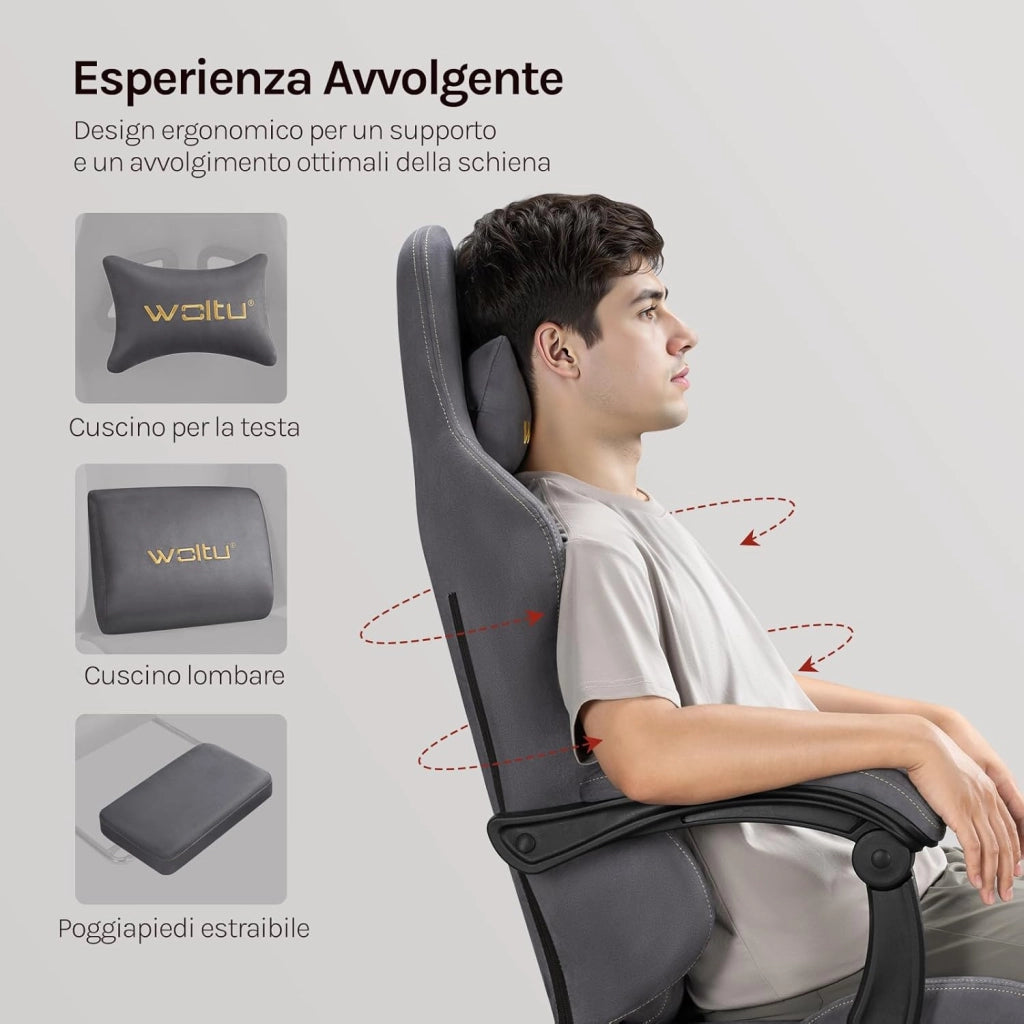 Sedia da gaming, Sedia Gaming Ergonomica con Ruote Silenziose, Altezza e Inclinazione Regolabile, con Braccioli Sincronizzati e Poggiapiedi, in Tessuto Scamosciato, Grigio