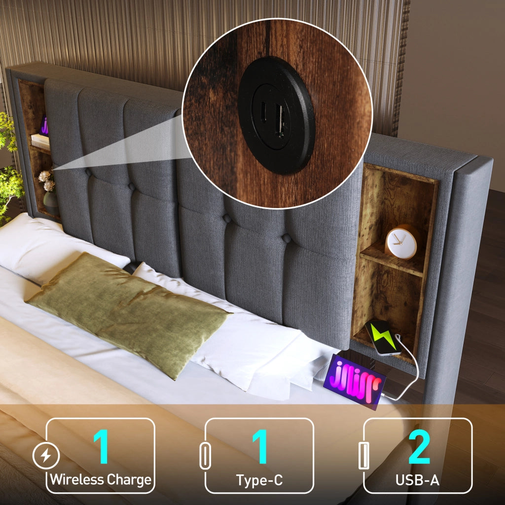 LETTO imbottito 160x200 cm grigio in cotone con ricarica wireless e USB