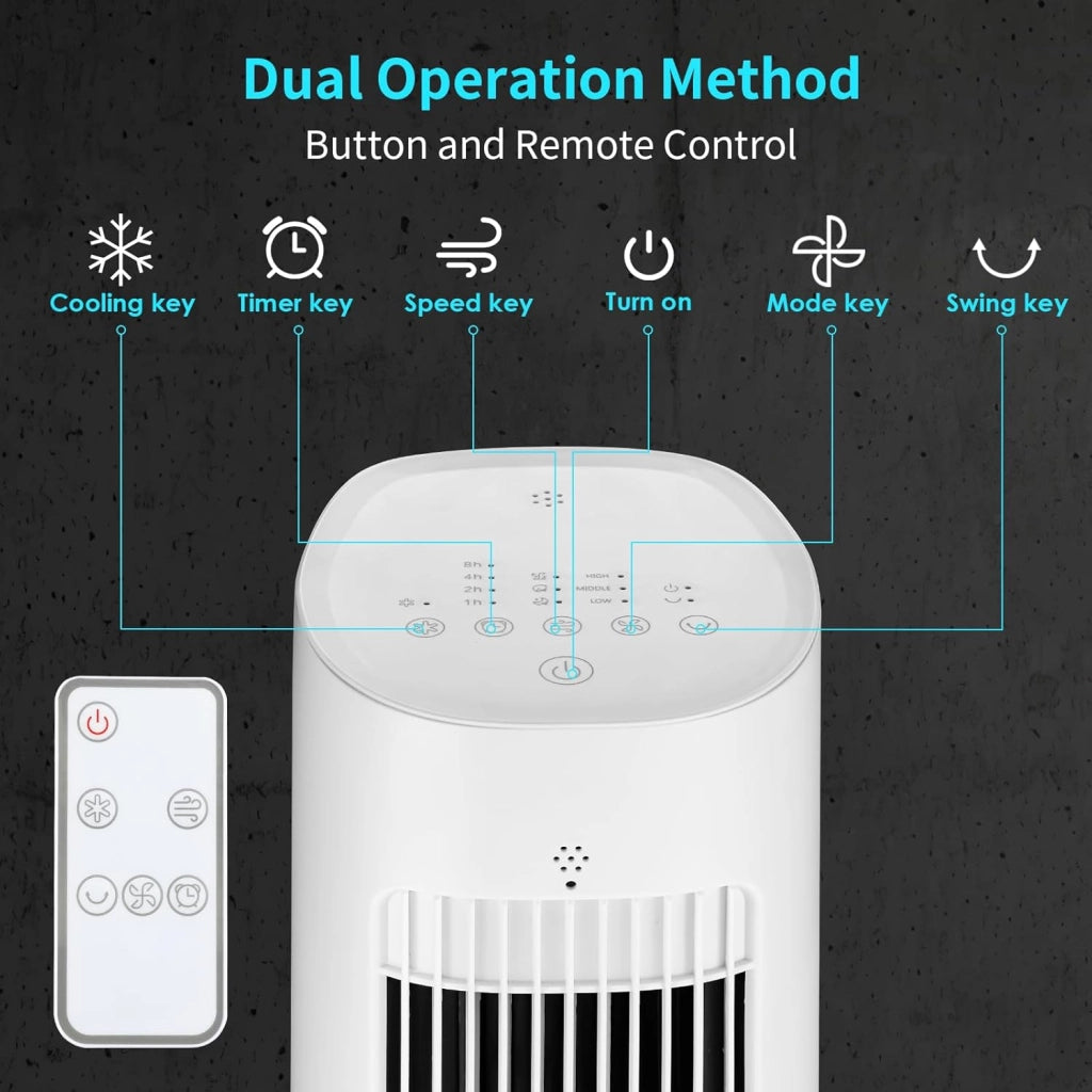 Ventilatore a torre funzione aroma con raffreddamento ad acqua con telecomando ventilatore a piantana 5,5 m/s 3 velocità 4 modalità 12 timer oscillazione 48° raffreddamento umidificazione