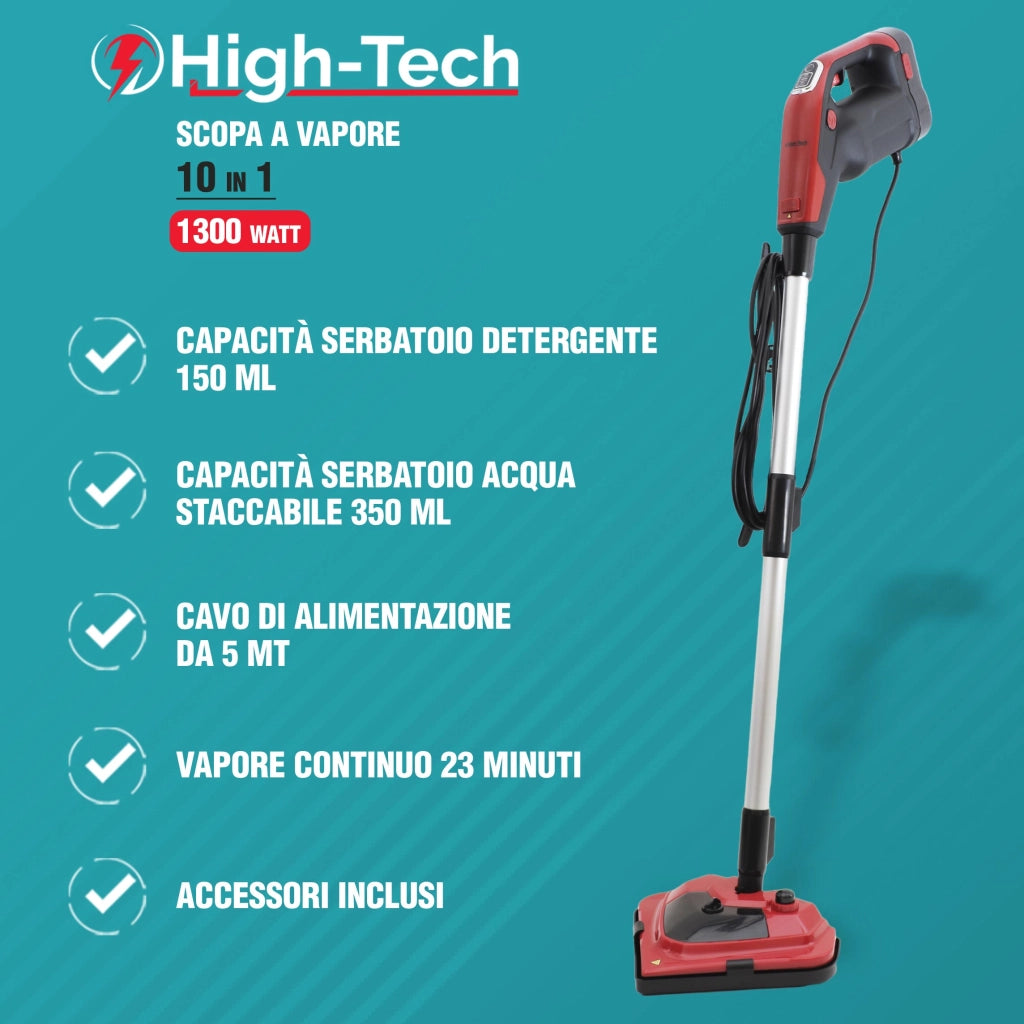 HIGH-TECH SCOPA A VAPORE 10 IN 1 DA 1300 W CON SERBATOIO 350 ML