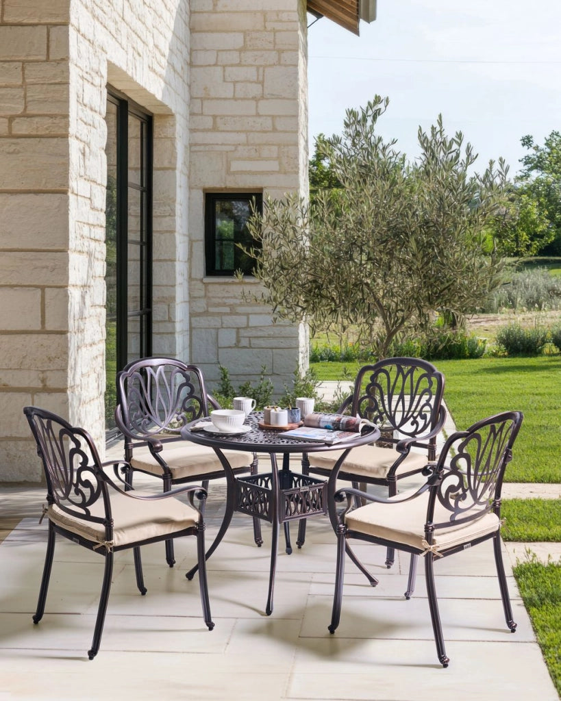 Set di 4 sedie da pranzo da giardino in alluminio marrone con cuscini da esterno vintage