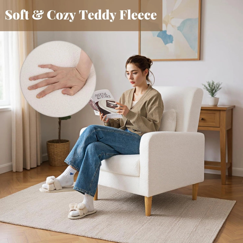 Poltrona Supplementare con superficie in pile Sherpa e cuscino spesso imbottito in spugna, sedia relax semplice con braccioli ergonomici, gambe di sostegno in legno di Heva, bianco
