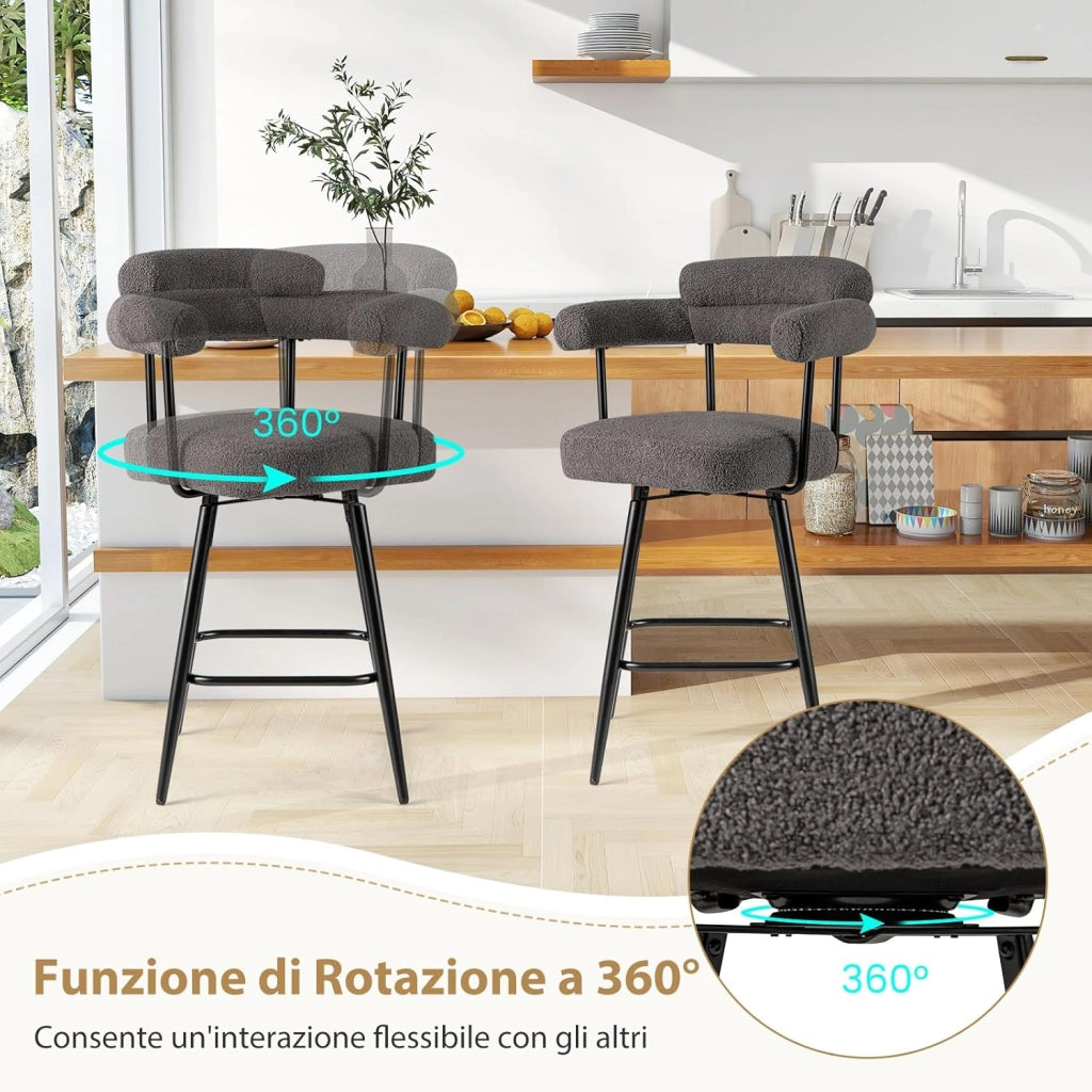 Set di 2 Sgabelli da Bar Girevoli, Sedie Imbottite in Boucle con Schienale, Braccioli Curvi, Gambe in Metallo e Poggiapiedi, Portata 150 kg, per Isola Cucina, Caffè e Pub (Grigio)