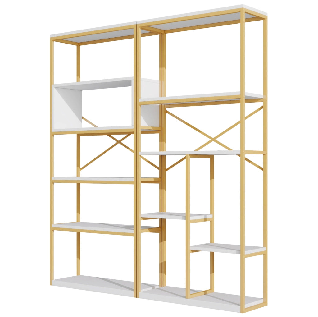 Libreria a ripiani aperti 160x29;5x180 cm in MDF e metallo; bianco e oro