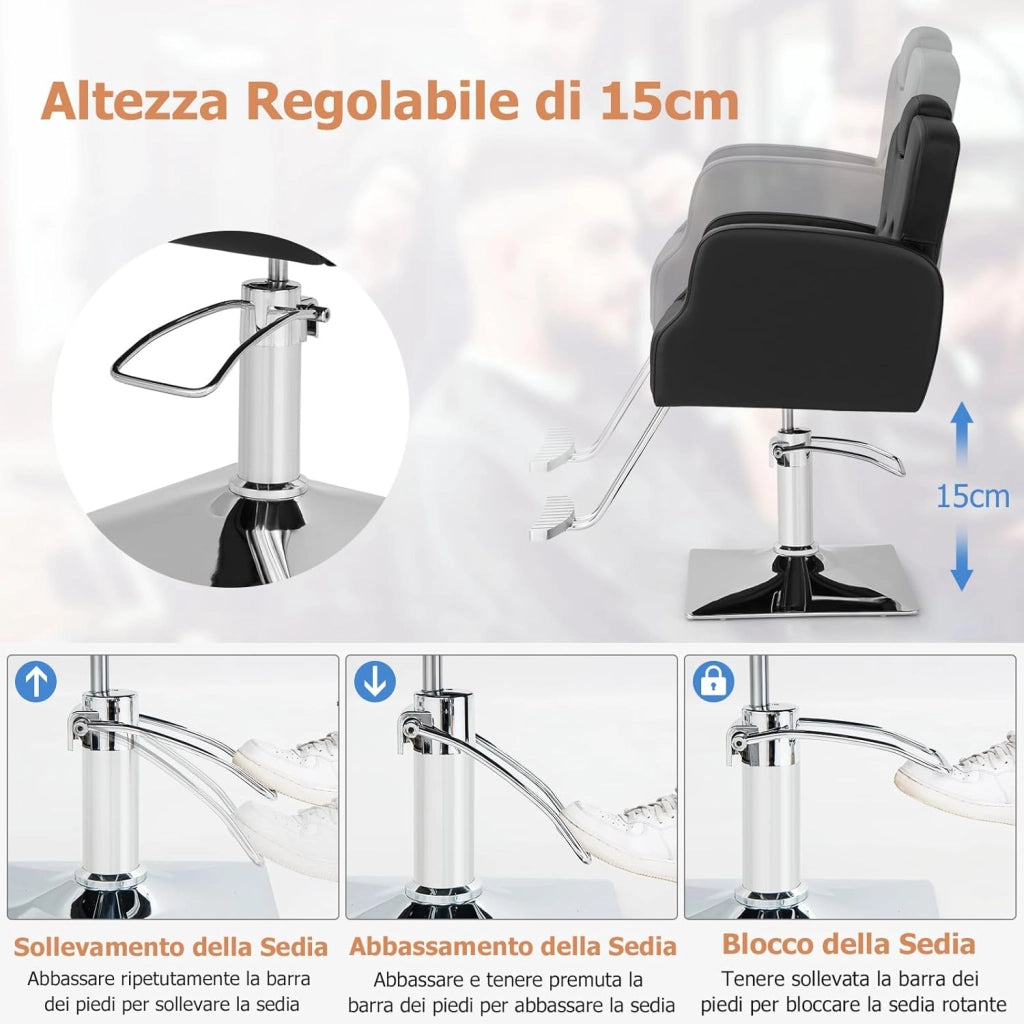 Poltrona da Barbiere con Altezza Regolabile, Sedia da Barbiere Girevole a 360°, Poggiatesta Regolabile, Portata 150 kg