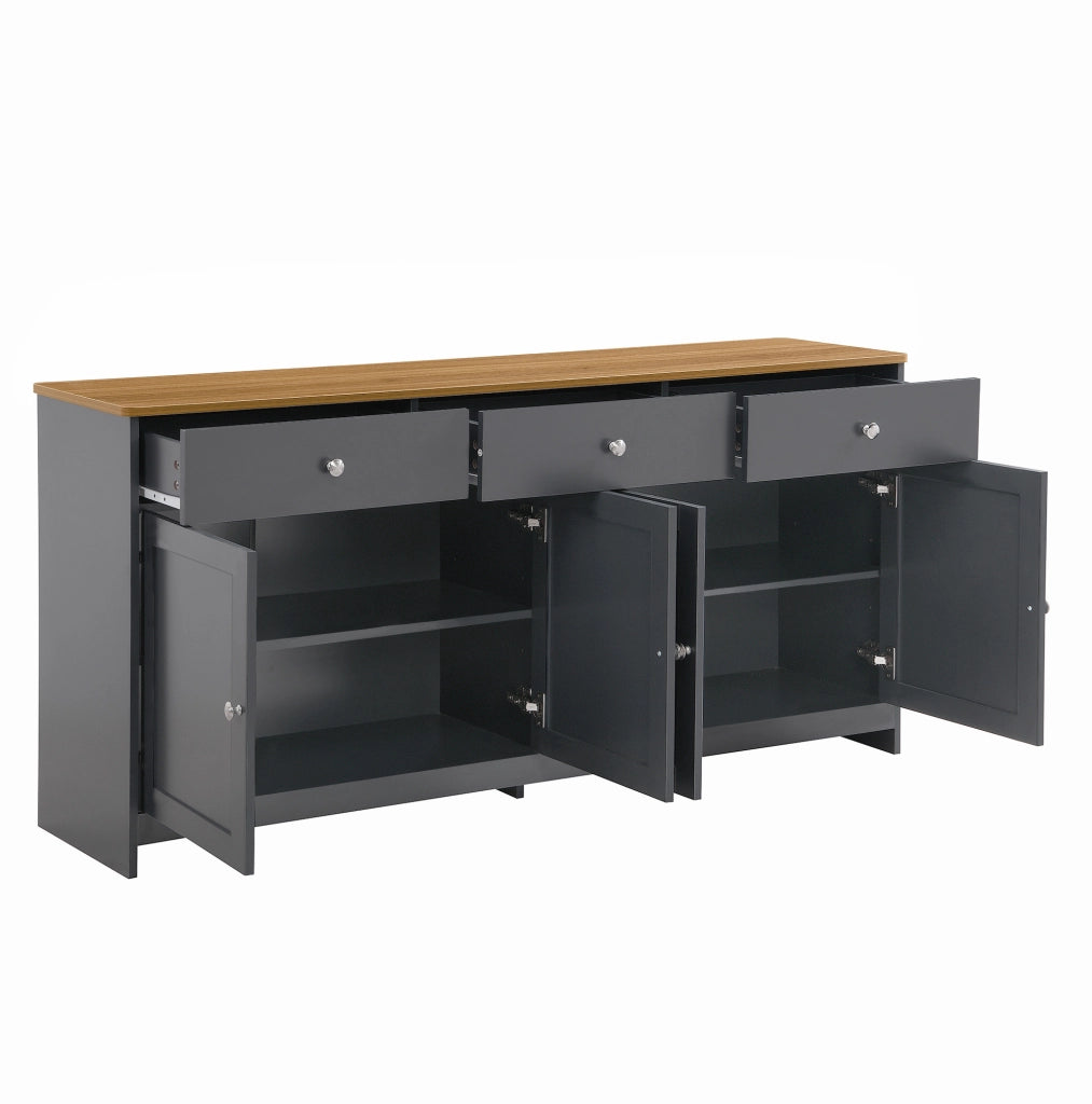 Sideboard in stile rustico grigio scuro e noce con 4 ante e 3 cassetti, 160 x 75 x 37 cm