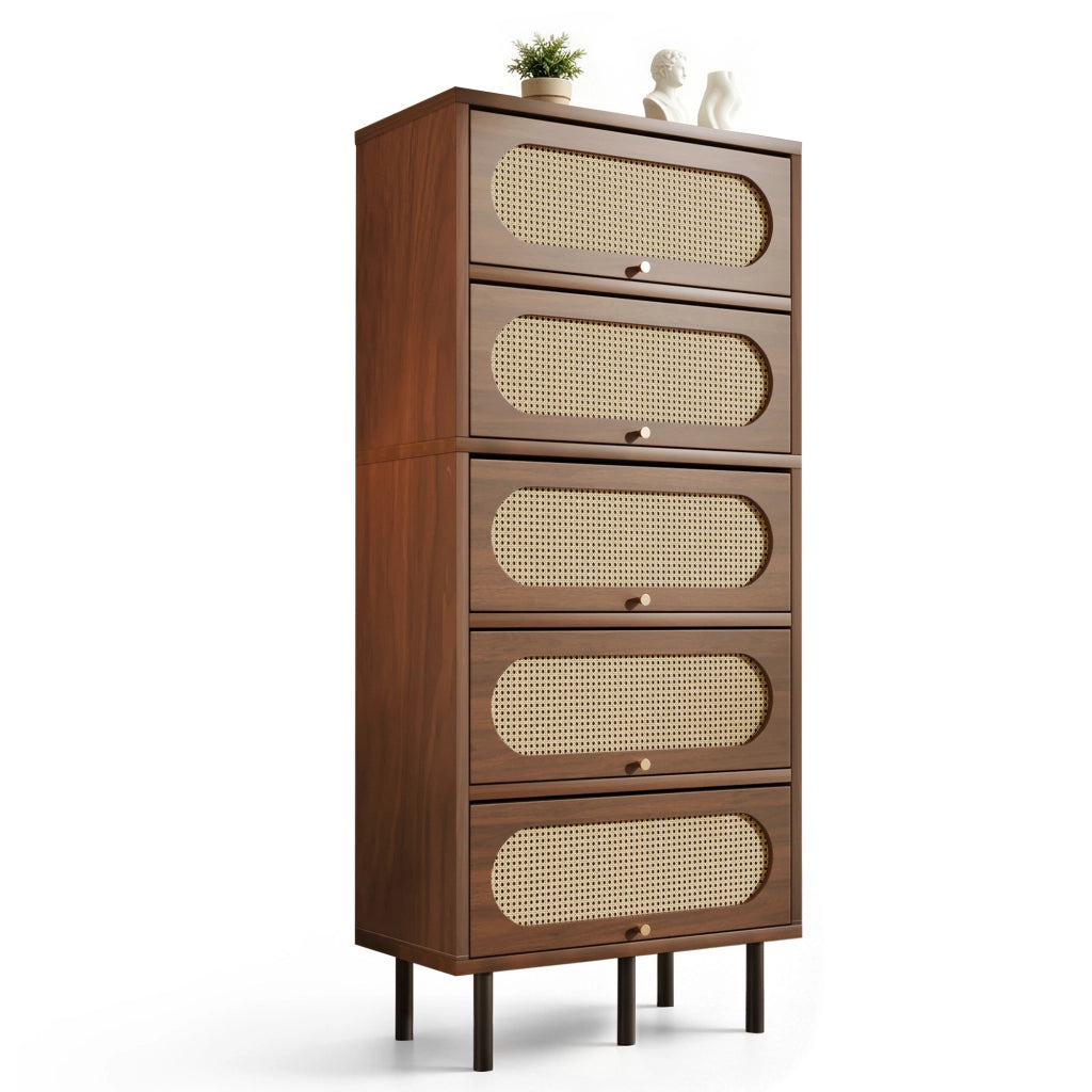 Credenza alta in finitura noce con ante a ribalta, struttura in MDF, truciolato e metallo, 80 x 40 x 163 cm