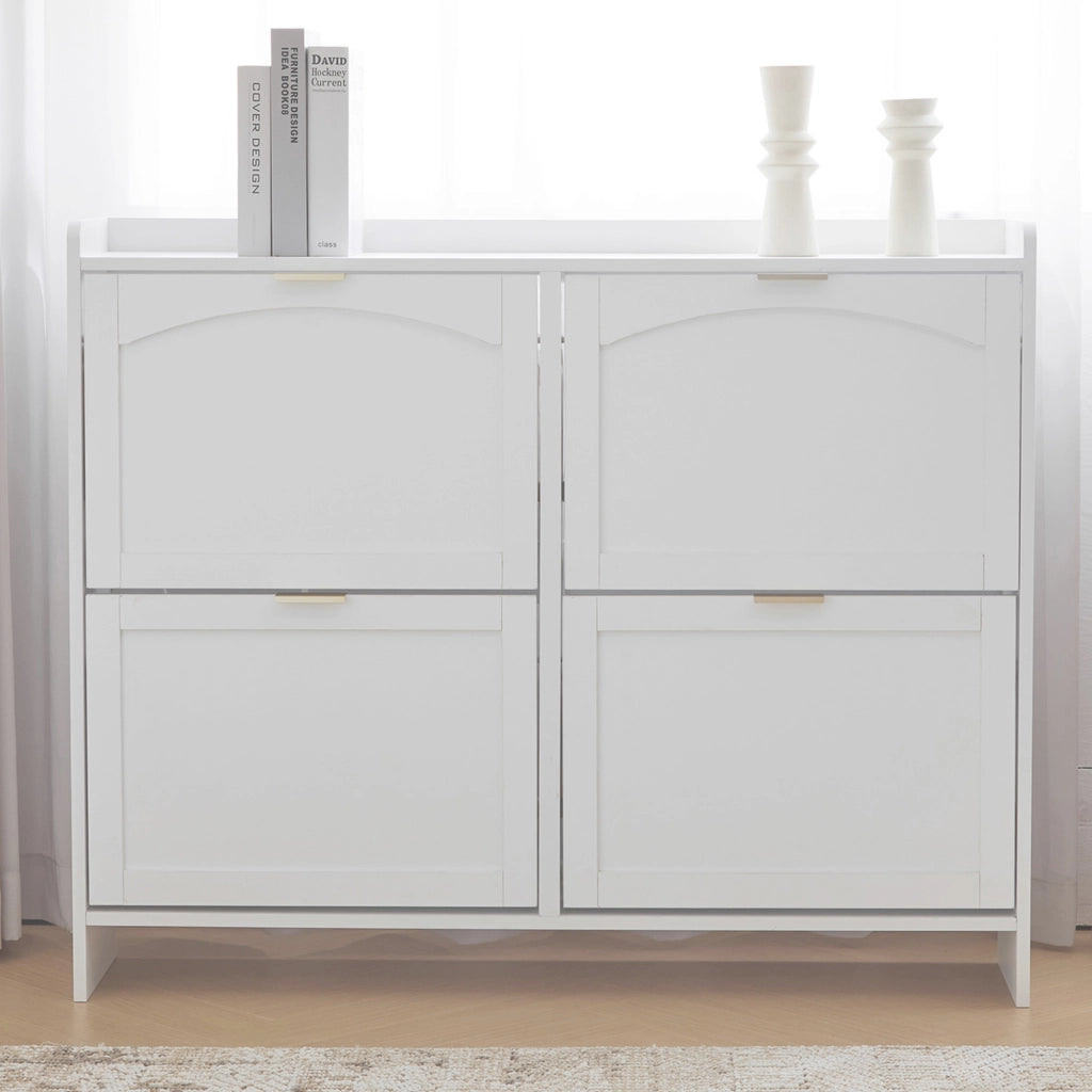 OKWISH Scarpiera con 4 Ante a Ribalta, Ripiani Regolabili e Vani Aperti, per Ingresso, Bianca, 110×24×90 cm