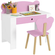 Banco Scuola con Sedia per Bambini Schienale a Orsetto Età 3-8 Anni in MDF e Legno Rosa