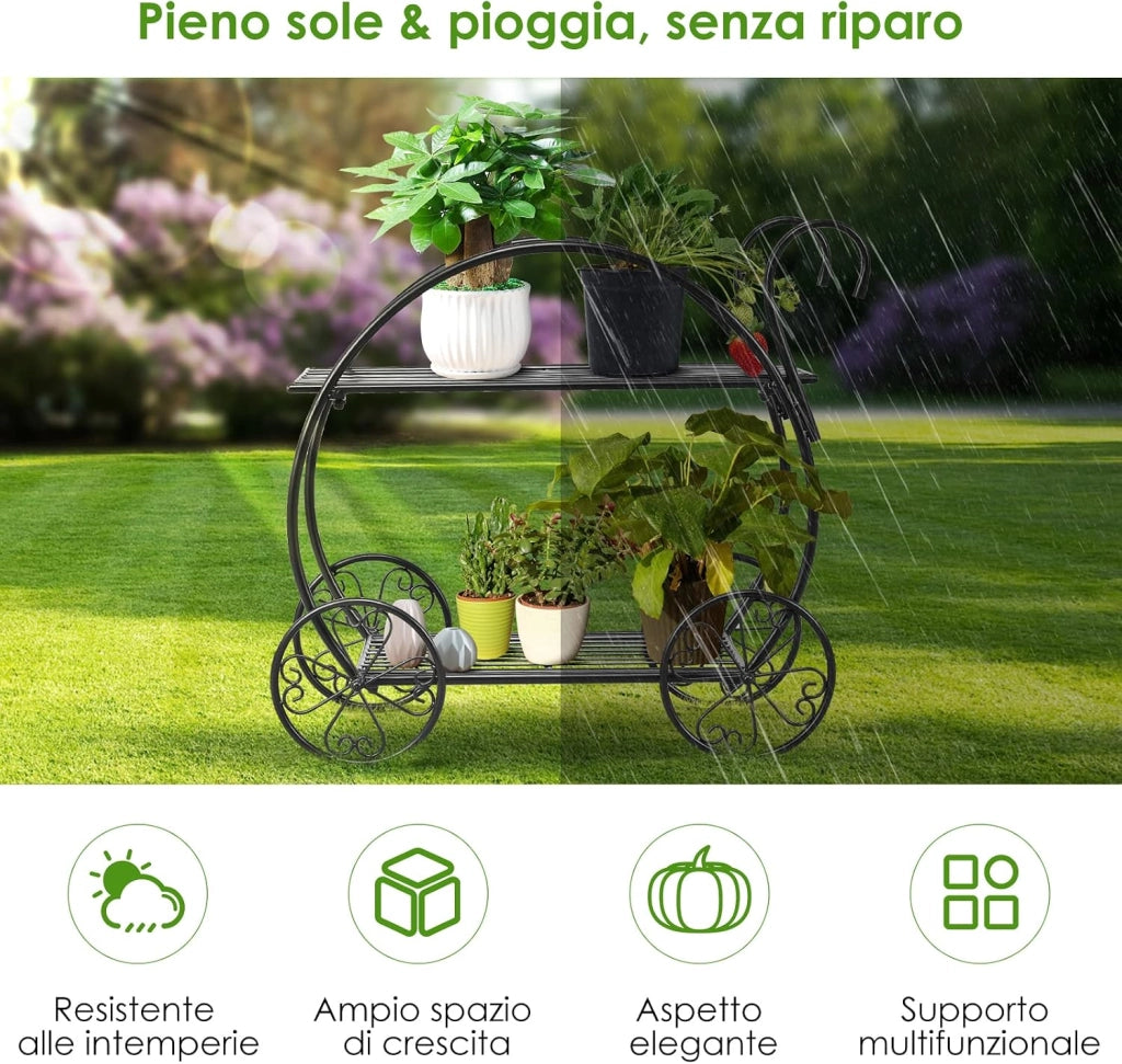 Scaffale per Piante in Metallo, Scaffale Portavasi a 2 Livelli con 4 Ruote, Porta Fiori da Interno ed Esterno per Soggiorno, Giardino e Balcone