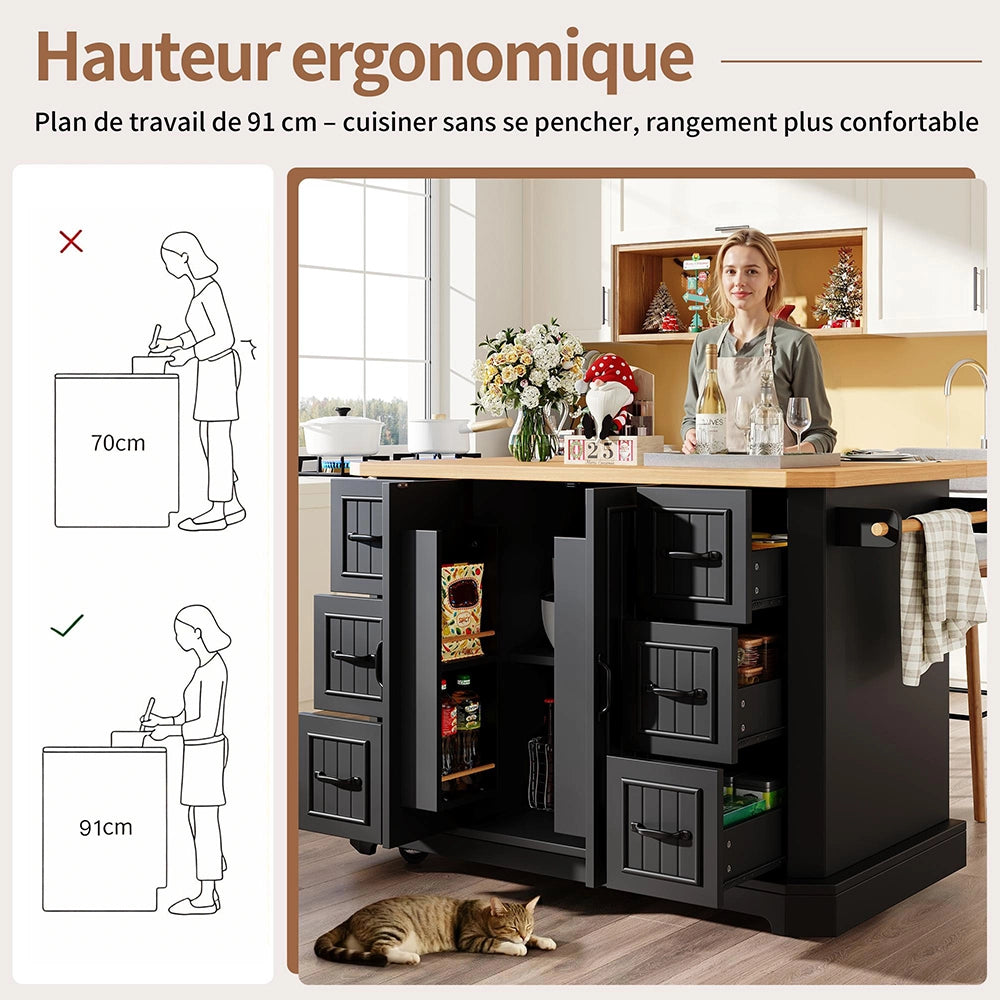 Isola cucina mobile - Xylo - 120x45x91 cm - Bianco/Nero - 2 porte 6 cassetti ruote