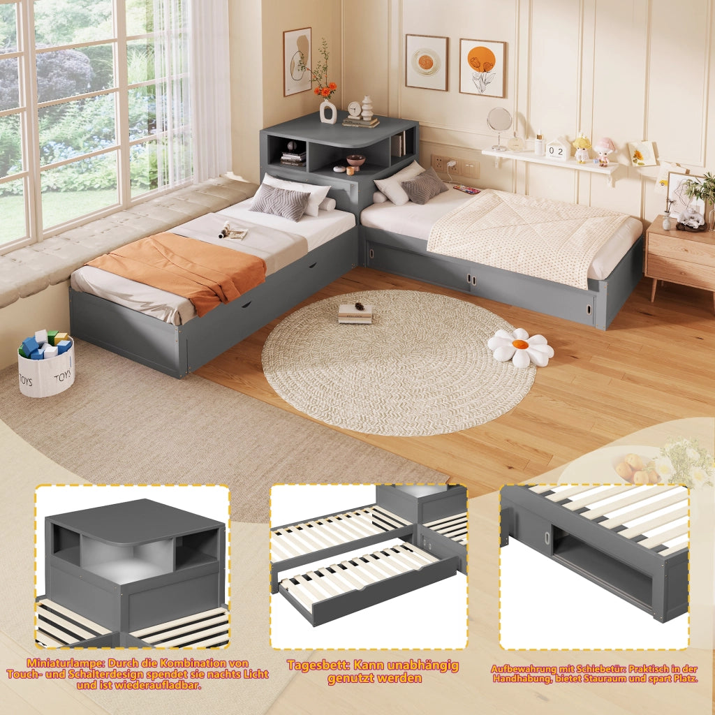 Letto combinato 90 × 200 cm con letto estraibile, contenitore con ante scorrevoli e luce LED, senza materasso, in pino, grigio