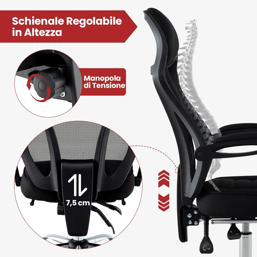 Sedia da Ufficio Ergonomica in Rete con Poggiapiedi, Poggiatesta e Braccioli Confortevoli, Poltrona con Schienale Inclinabile e Altezza Regolabile, Sedia Girevole, Portata 135 kg