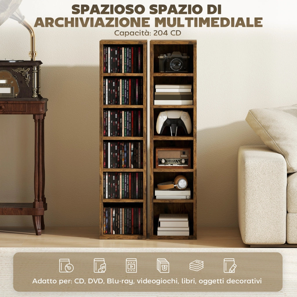 Set 2 Librerie 21x22,5x88,5 cm Mobili Porta CD con Ripiani Regolabili per 204 CD in Legno Marrone Rustico