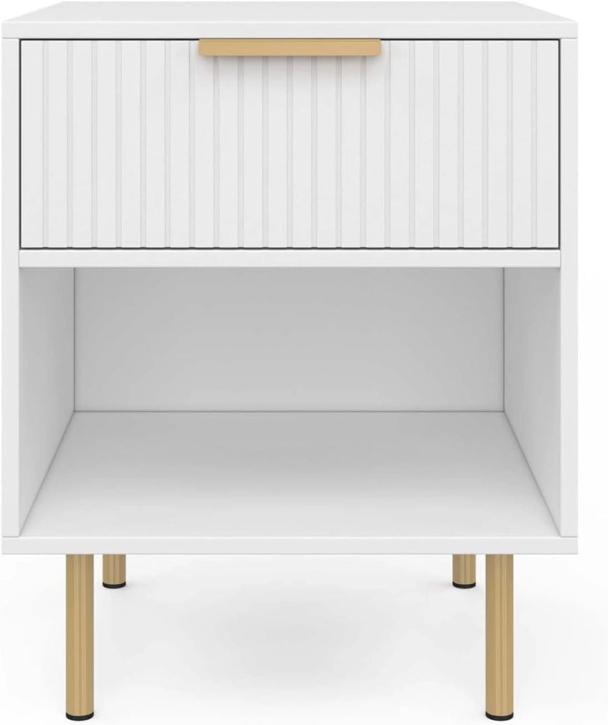 Set di 2 comodini a 1 cassetto Marcel con doghe in Legno Bianco e Oro