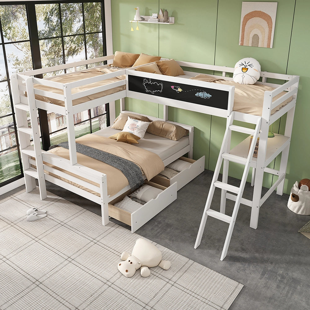 Letto a castello 140x200 e 90x200 - Xylo - 3 posti, cassetti, scrivania, scaffale, bianco