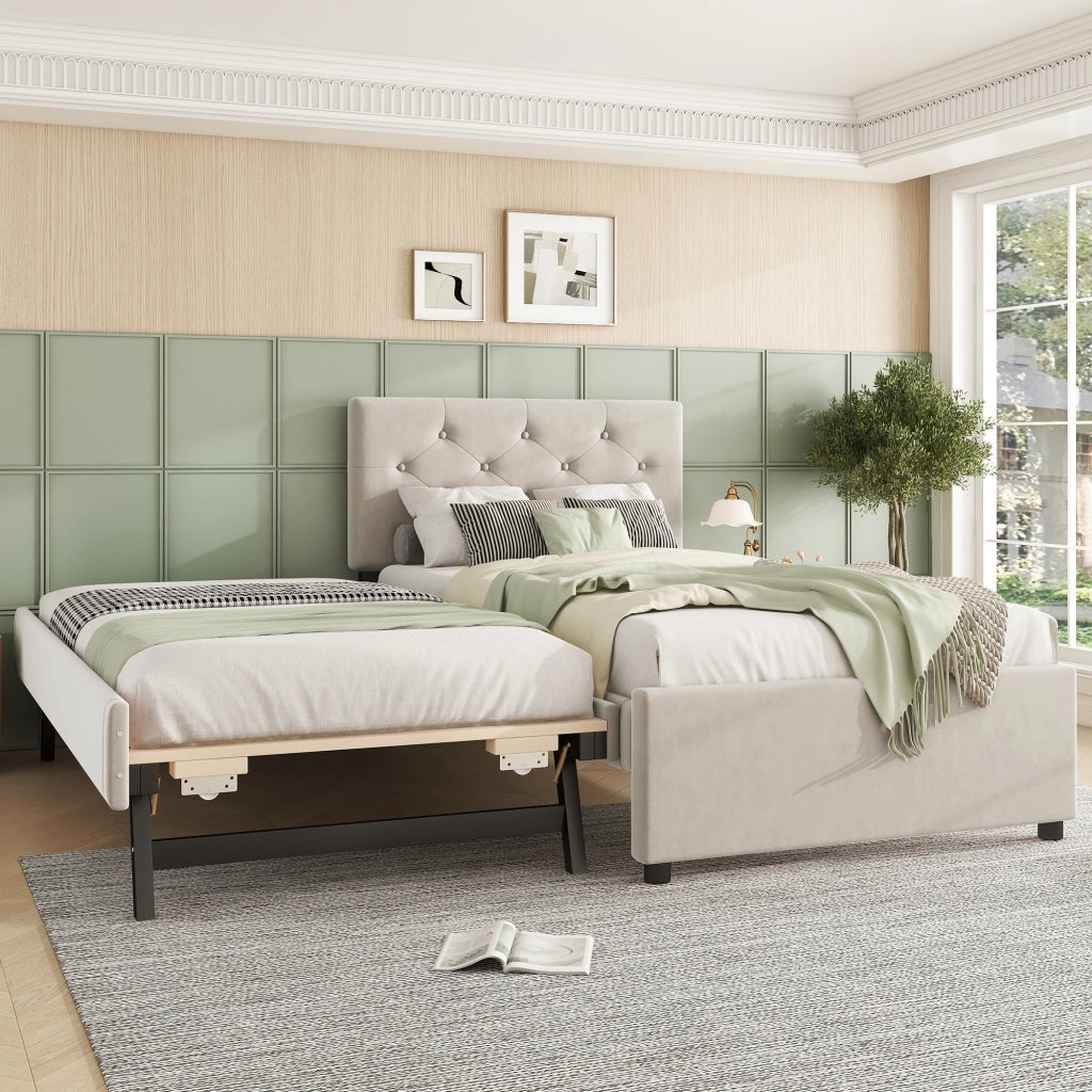 OKWISH Letto Bambino 90×200 cm, Letto Singolo con Letto Estraibile, Testiera Imbottita con Bottoni e Rivestimento Morbido, senza Materasso, Beige