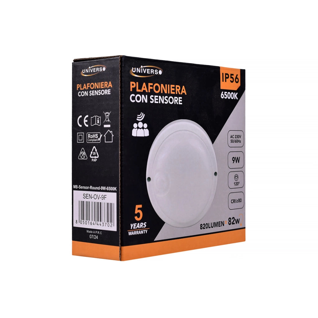APPLIQUE LAMPADA LED DA PARETE TONDA CON SENSORE DI MOVIMENTO 9W LUCE FREDDA 6500K° IP56 - ILLUMINAZIONE RISPARMIO ENERGETICO