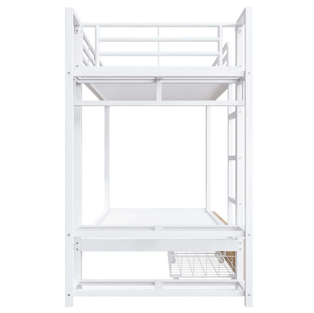 Letto a castello 90x200 cm con struttura in metallo; 2 cassetti; ripiani e LED; bianco