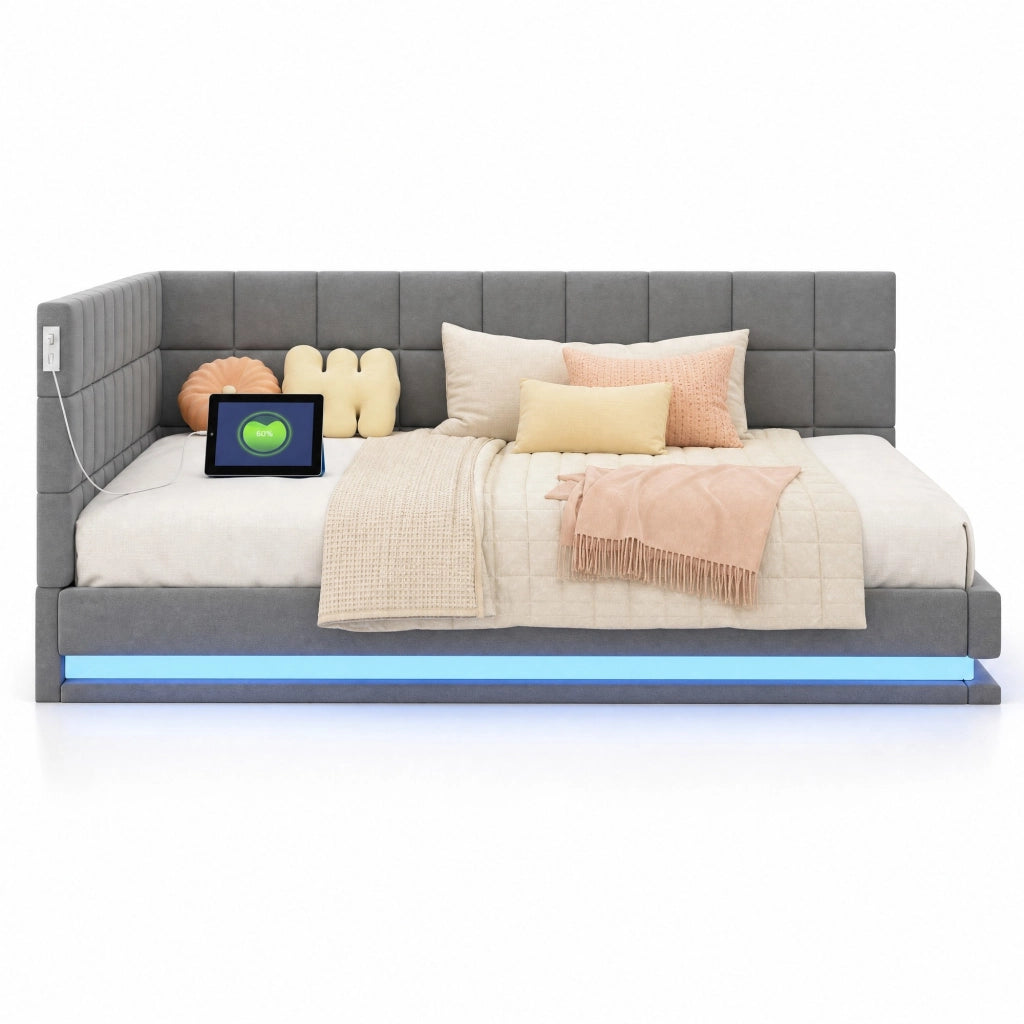 Divano letto imbottito 140x200 cm con LED e porta USB; grigio
