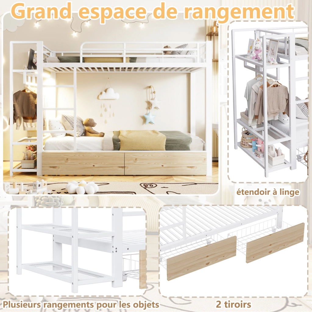 DESMIU Letto a castello 1 posto con 2 cassetti, mensole, barra appendiabiti e LED 90 × 200 cm, senza materasso