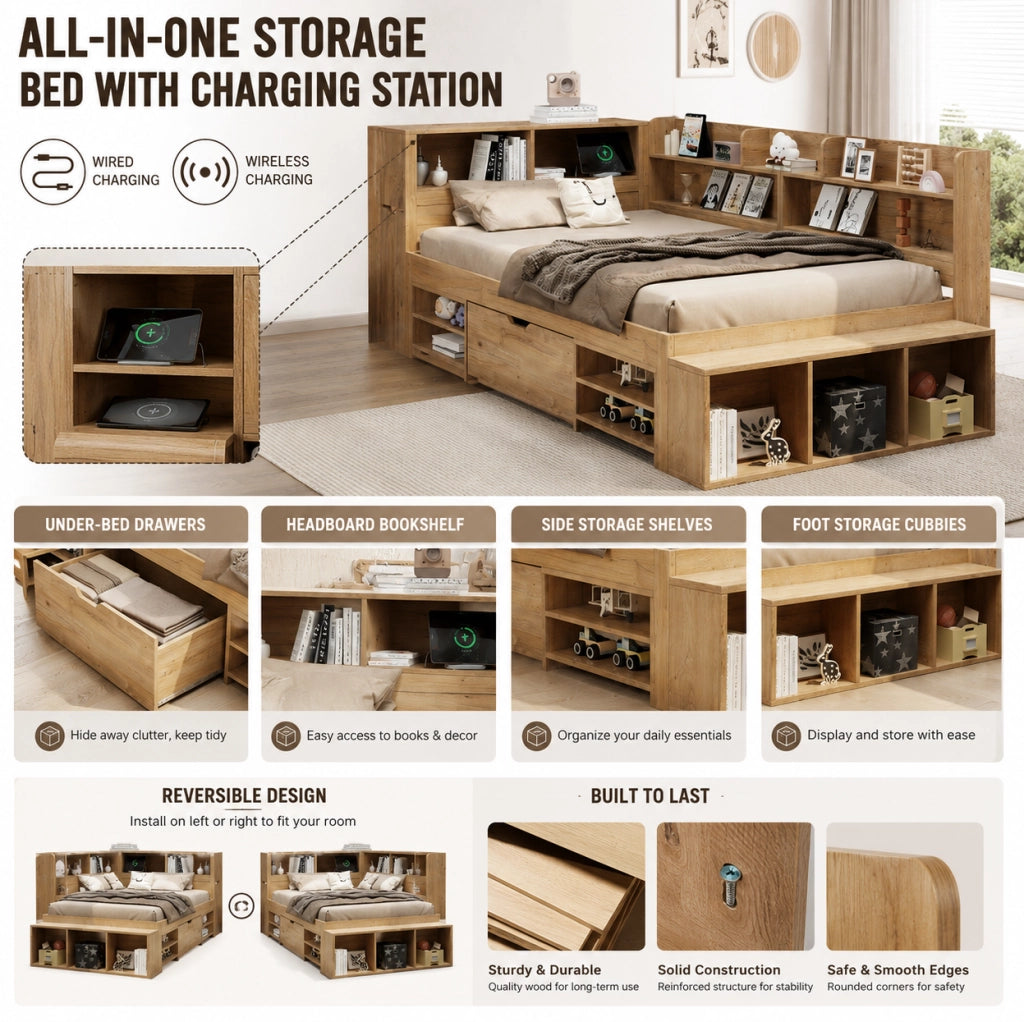 Letto singolo per bambini 90x200 cm con contenitori