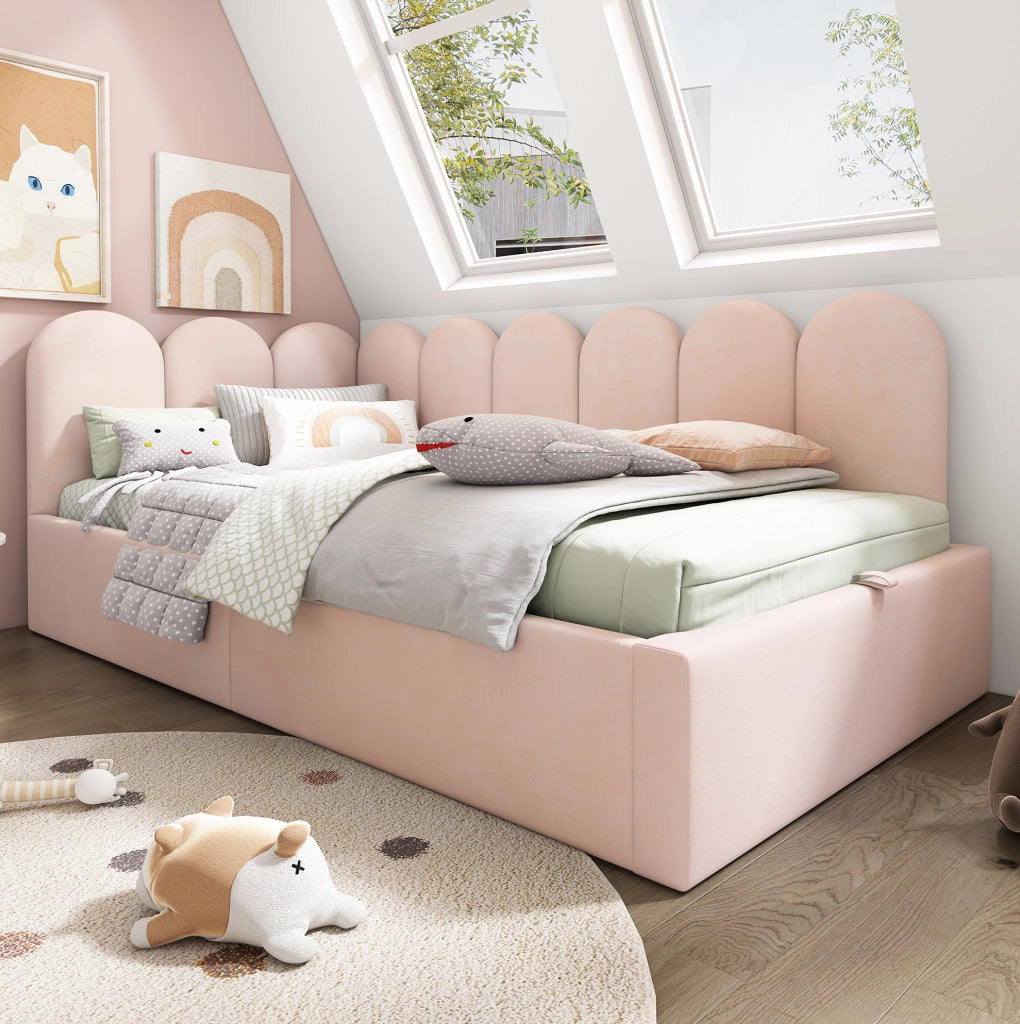 Letto da giorno 90x190 cm in velluto rosa con contenitore e rete idraulica