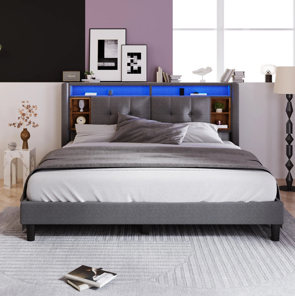 Letto imbottito 140x200 cm grigio con testiera contenitore, LED, USB e materasso H3