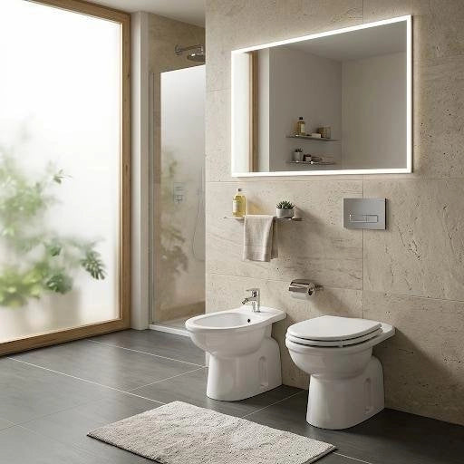 Sanitari a pavimento con scarico a muro Karla Rak Ceramics: WC, Bidet, Copriwater Bianco