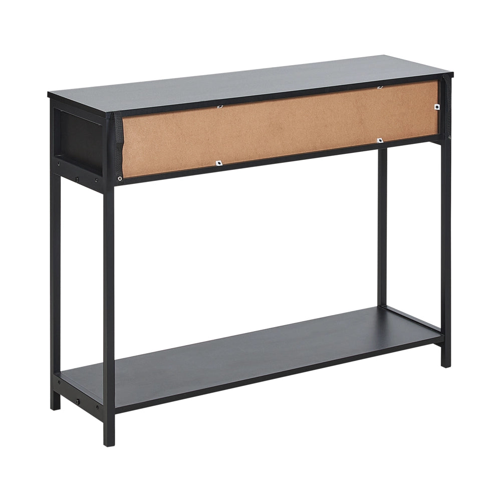 Tavolo Consolle Nero Legno di Fabbrica Gambe in Legno di Gomma Nero 2 Cassetti Fronti in Vimini Rattan Soggiorno Camera da Letto Corridoio Mobili Boho Design