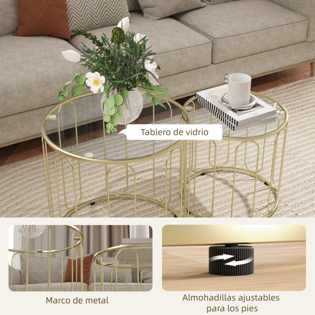 Tavolino nido con piano in vetro e gambe in metallo ¨C Minimal ¨C dorato ?50x50 cm e ?40x40 cm