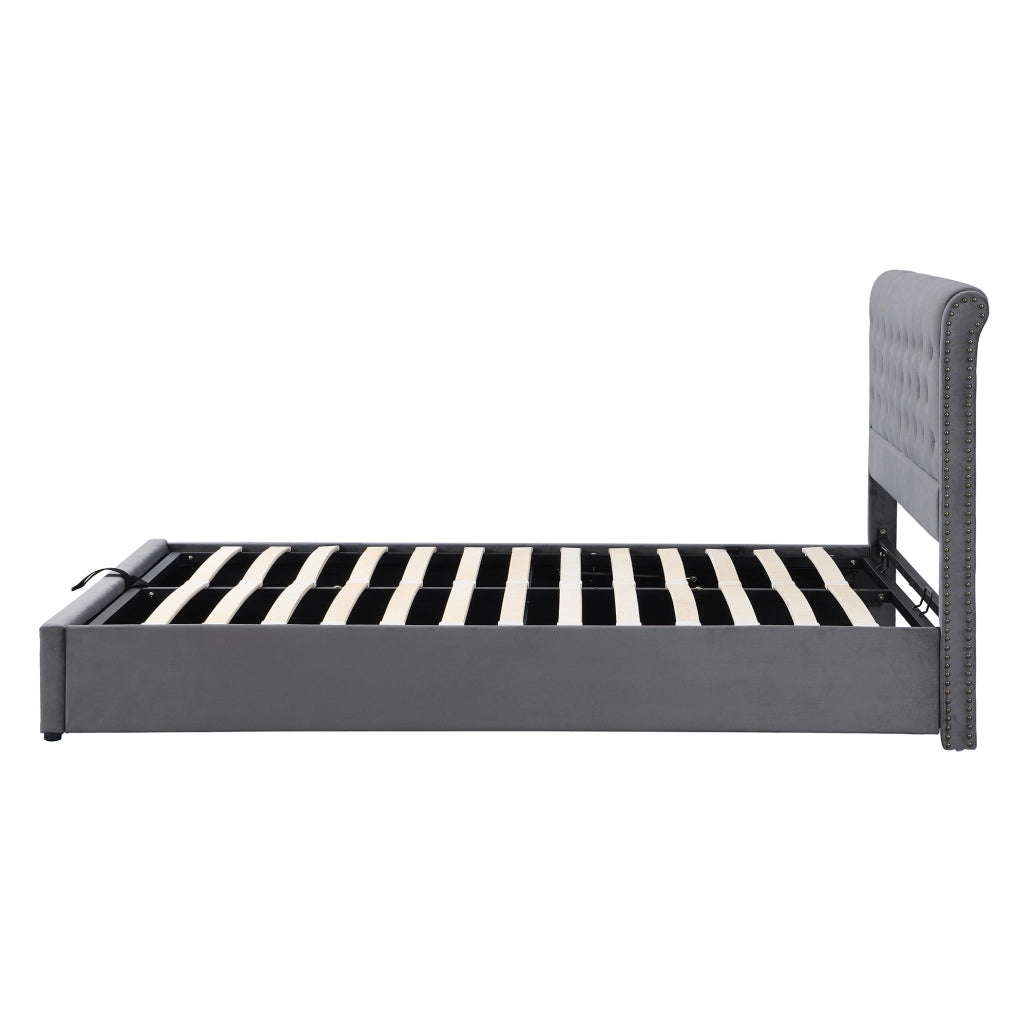 Letto matrimoniale 140x190 cm in velluto grigio con contenitore e testiera imbottita