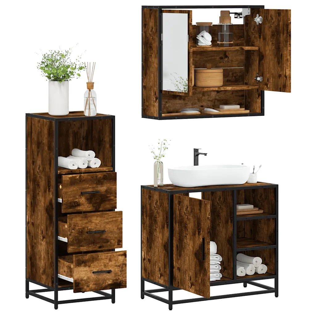 Set Mobili da Bagno | Armadio da bagno 3 pz Rovere Fumo in Legno Multistrato