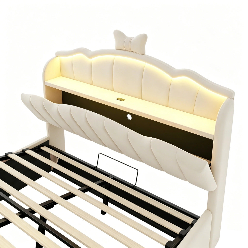 Letto per bambini imbottito 140x200 cm in velluto beige con contenitore; LED e porte USB