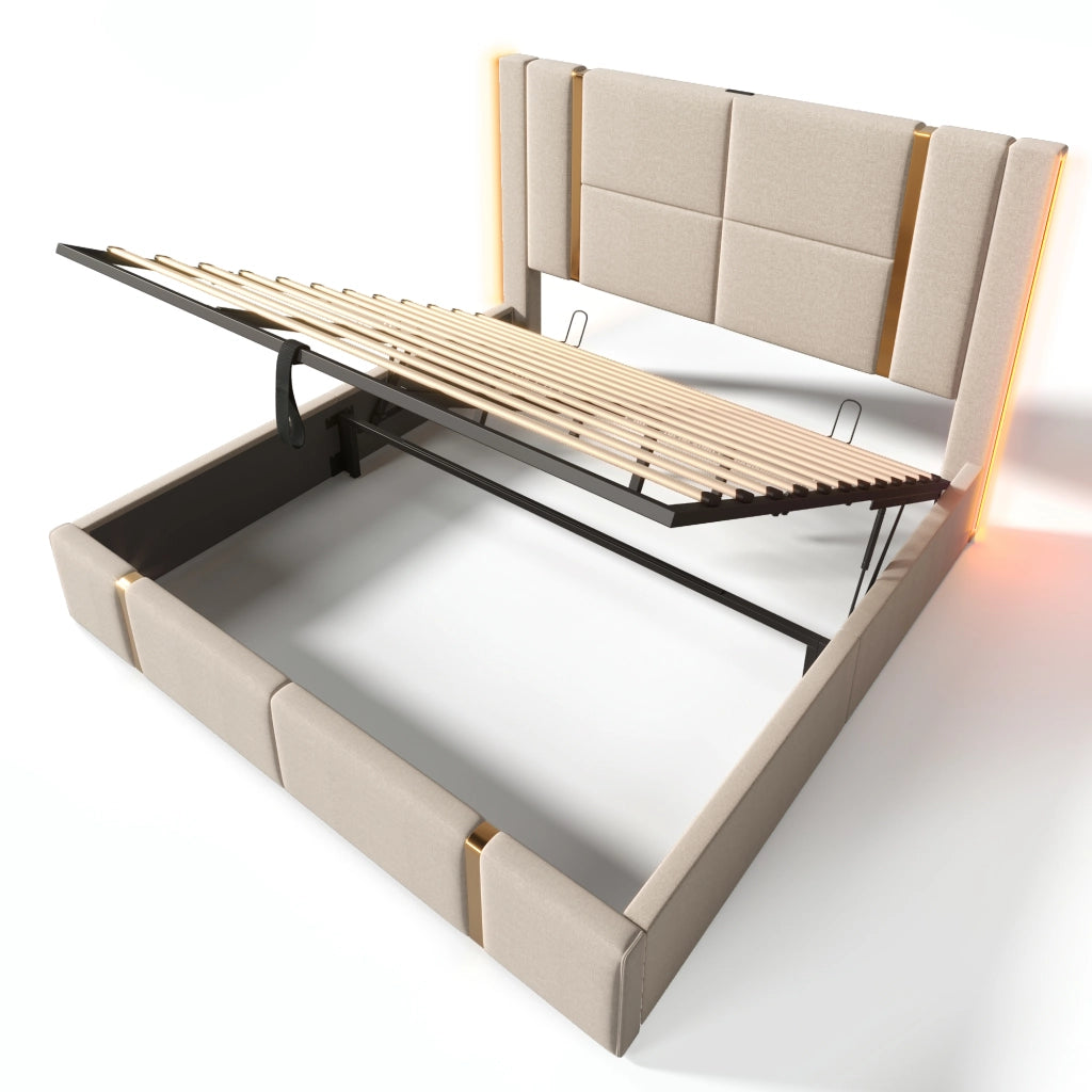 Letti contenitori 180x200 cm con LED e ricarica USB Tipo C; lino beige (Senza materasso)
