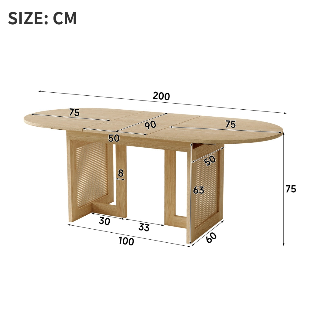 Tavolo da pranzo allungabile per 6-8 persone con bordi arrotondati, gambe effetto rattan, in MDF, rovere