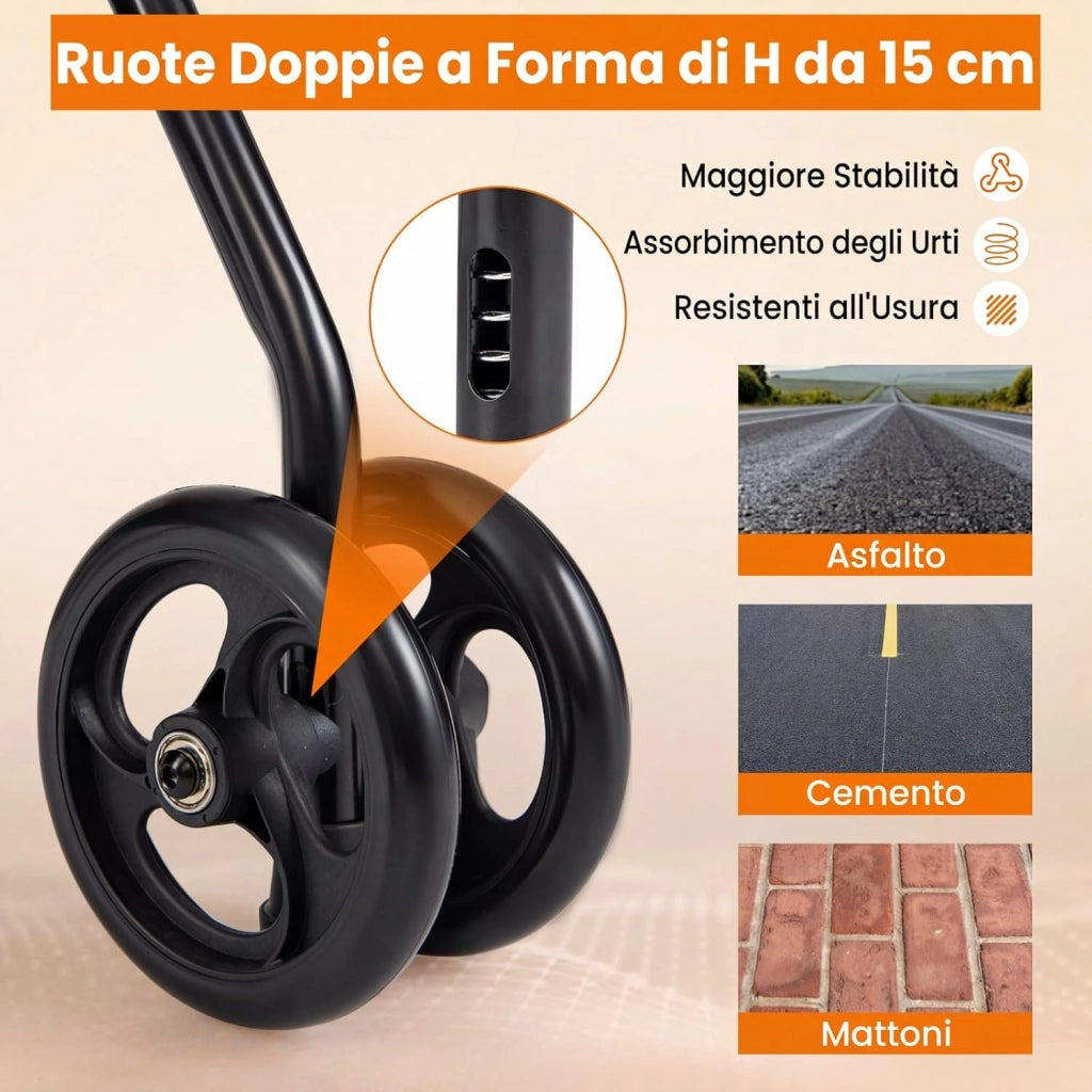 Deambulatore per Anziani Pieghevole, 2 in 1 Girello con Seduta a 3 Livelli, Sacchetti Portaoggetti e Impugnatura Ergonomica, Rollator Deambulatore Portatile per Intreno ed Esterno