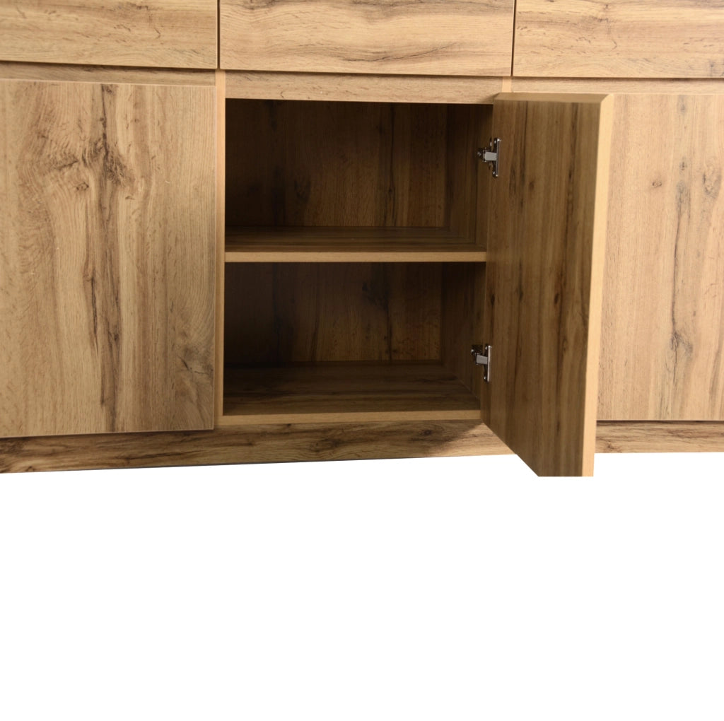 Credenza 135x40x81 cm con 3 ante e 3 cassetti; ripiani regolabili in pannello truciolare naturale