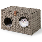 Cuccia per gatti in rattan 60 x 35 x 35 cm con cuscino rimovibile e 2 ingressi di design in rattan grigio 20_0012630